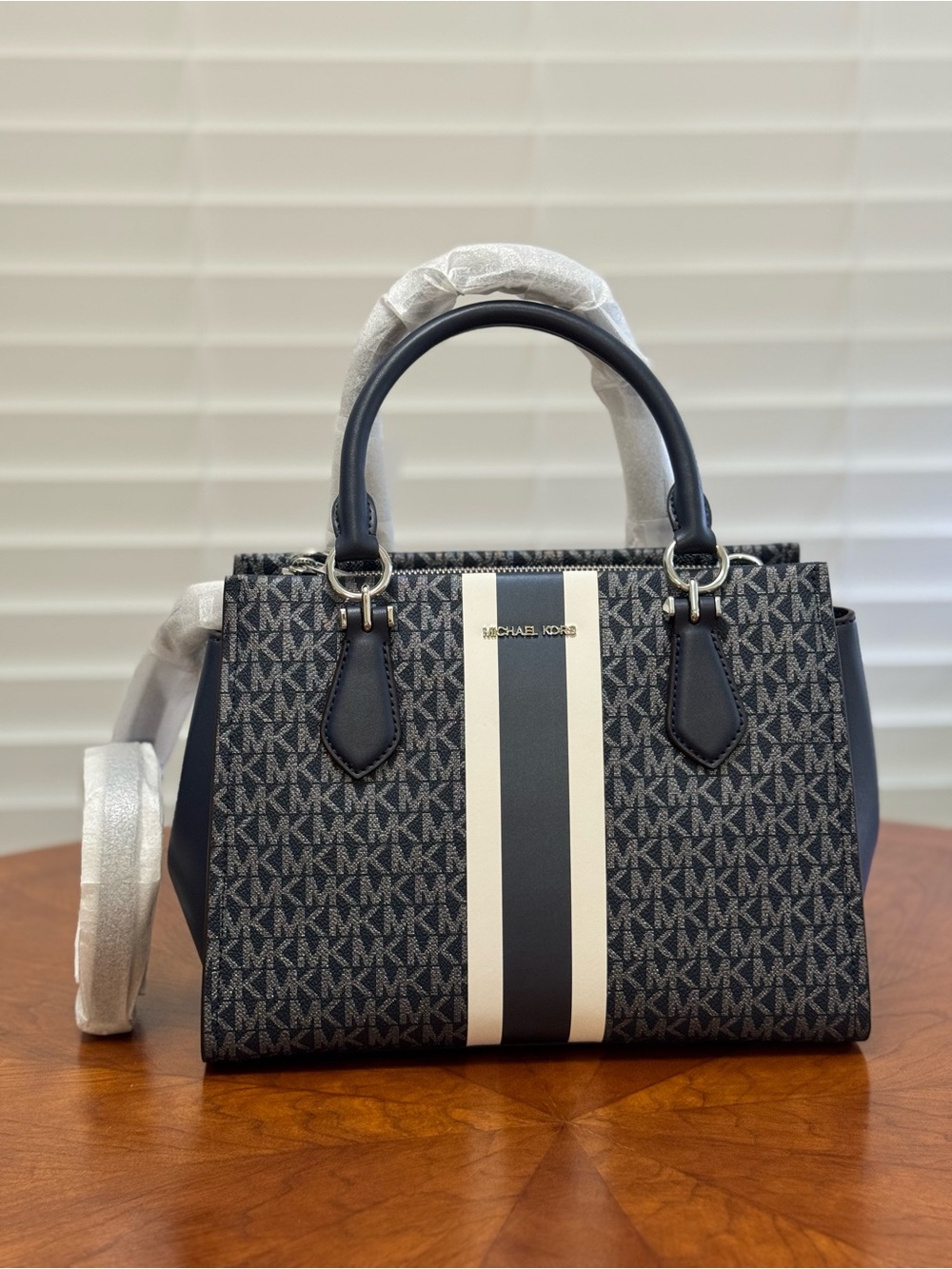 Michael Kors Signature MK Stripe Satchel - Navy/White